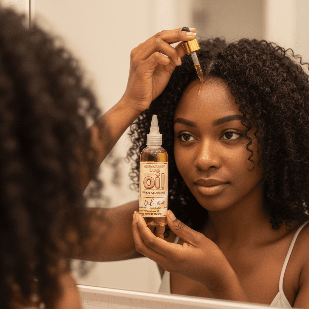 Woman applying Burgandy oil to her curls
